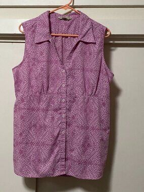 Exofficio, sleeveless, purple & pink, button-down blouse, size XL